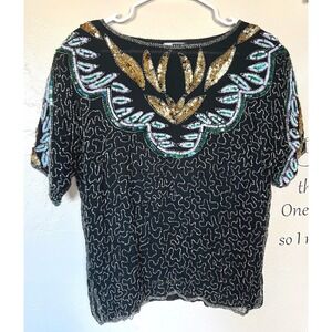 Carina Vintage Pure‎ Silk Beaded Sequin Top Black Gold Silver Flapper Gatsby L